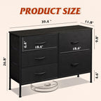 WLIVE 5 Drawer Black Fabric Dresser for Bedroom, Wide Storage Chest