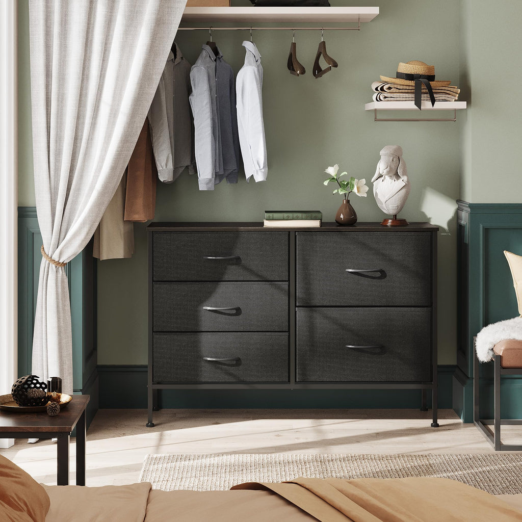 WLIVE 5 Drawer Black Fabric Dresser for Bedroom, Wide Storage Chest