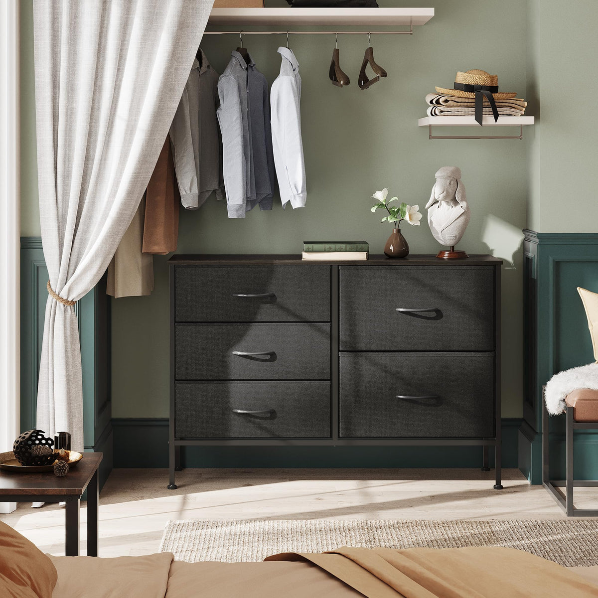 WLIVE 5 Drawer Black Fabric Dresser for Bedroom, Wide Storage Chest