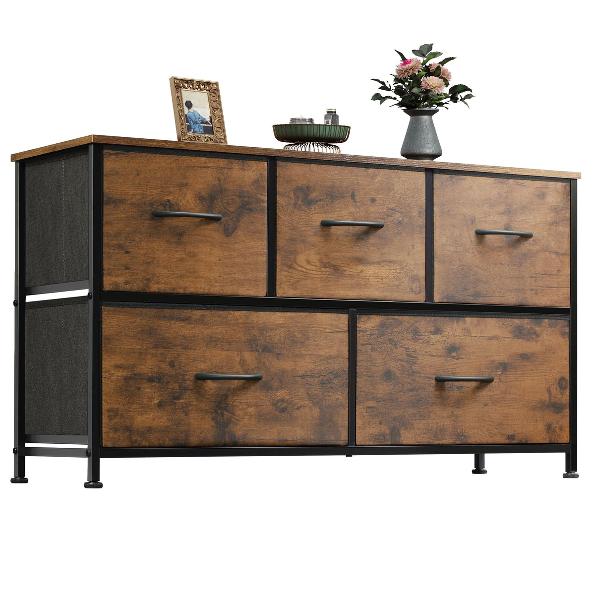WLIVE Wide Dresser for Bedroom, 5 Drawer Chest of Drawers, Rustic Brown