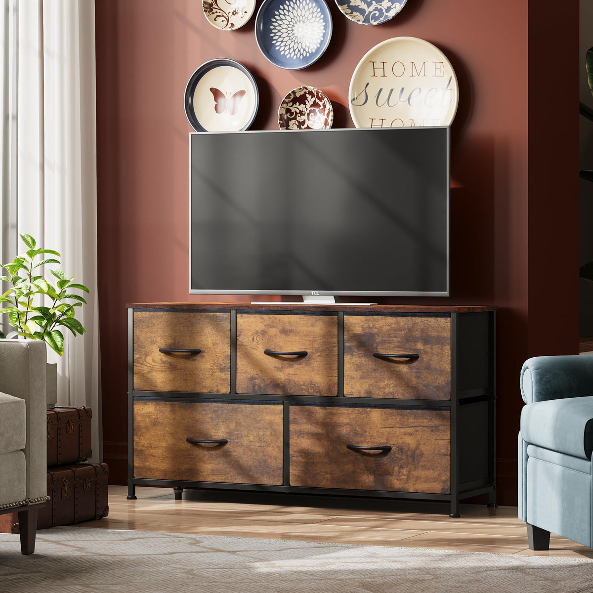 WLIVE Wide Dresser for Bedroom, 5 Drawer Chest of Drawers, Rustic Brown