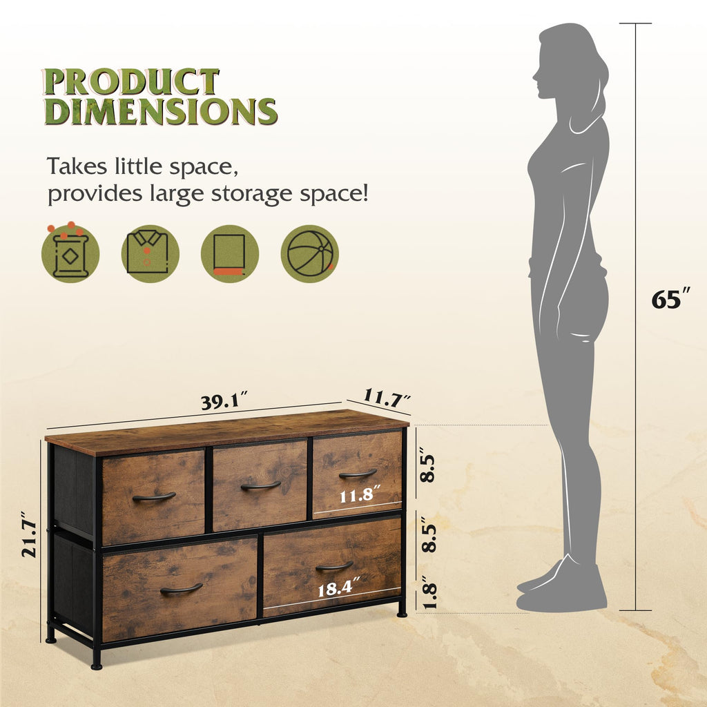 WLIVE Wide Dresser for Bedroom, 5 Drawer Chest of Drawers, Rustic Brown