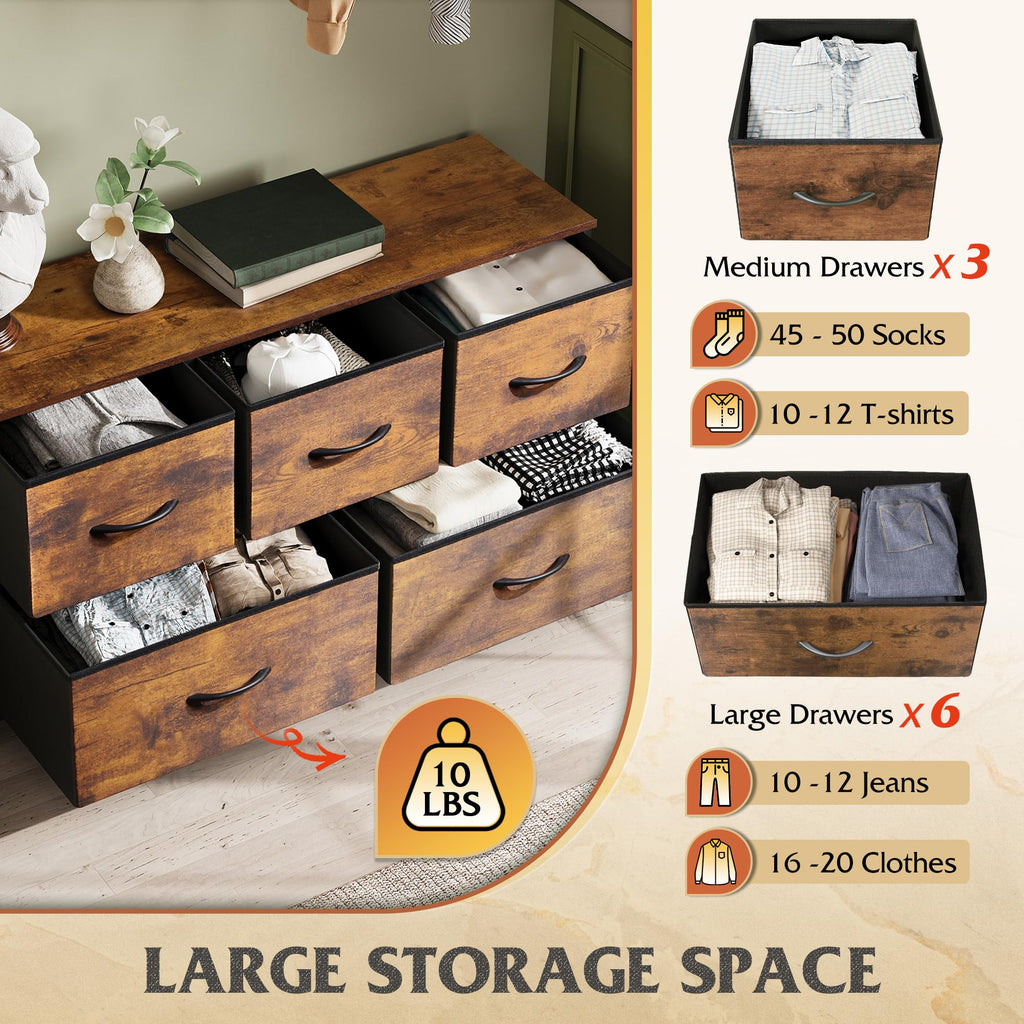 WLIVE Wide Dresser for Bedroom, 5 Drawer Chest of Drawers, Rustic Brown