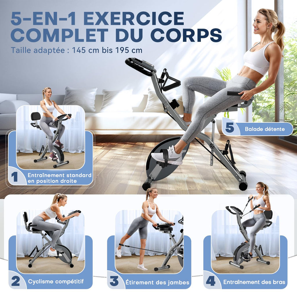VANNECT Vélo d'appartement pliable avec 16 niveaux de résistance magnétique, capteur de fréquence cardiaque, moniteur LCD et siège confortable pour la maison et le bureau, jusqu'à 150 kg