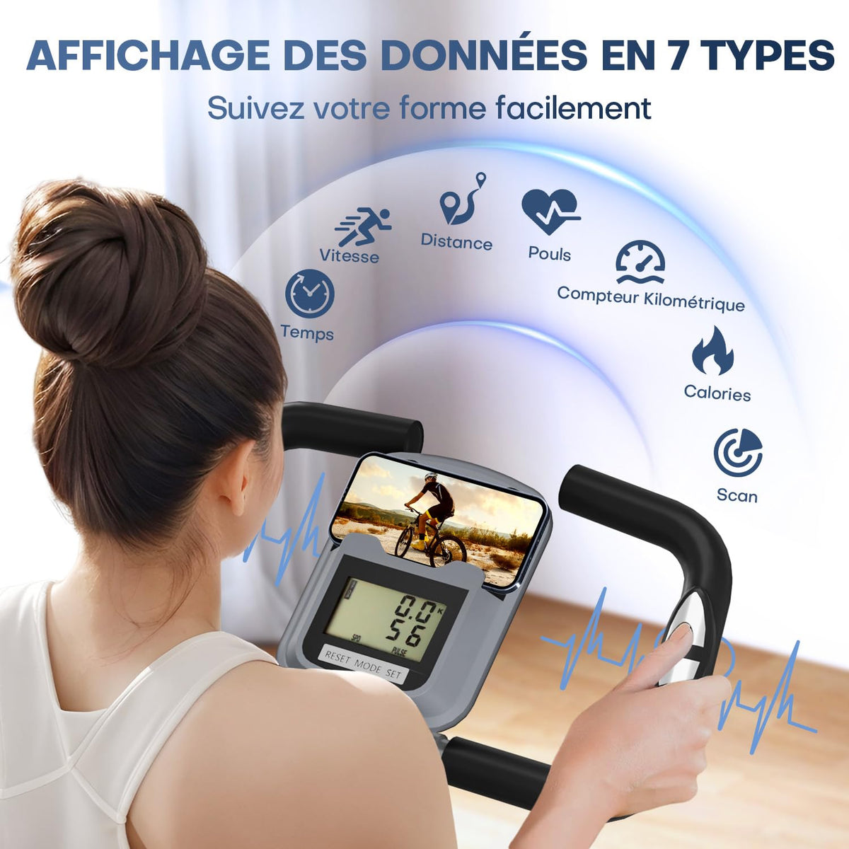 VANNECT Vélo d'appartement pliable avec 16 niveaux de résistance magnétique, capteur de fréquence cardiaque, moniteur LCD et siège confortable pour la maison et le bureau, jusqu'à 150 kg