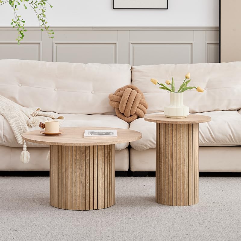 GrandCA HOME Set of 2 Round Stackable Drum Style Coffee Tables for Living Room, Bedroom, Balcony and Office, Mid-Century Modern Style, Natural Wood Grain