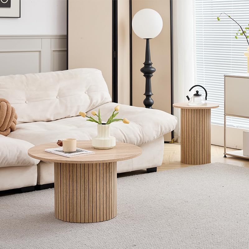 GrandCA HOME Set of 2 Round Stackable Drum Style Coffee Tables for Living Room, Bedroom, Balcony and Office, Mid-Century Modern Style, Natural Wood Grain