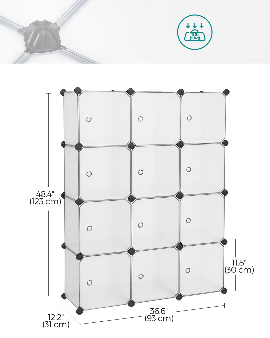 SONGMICS 12-Cube Storage Unit, Shoe Rack, Stackable Cubes, Plastic Closet Cabinet, Wardrobe, with Doors, for Bedroom, Office, Easy to Assemble, White LPC342W01