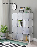 SONGMICS 12-Cube Storage Unit, Shoe Rack, Stackable Cubes, Plastic Closet Cabinet, Wardrobe, with Doors, for Bedroom, Office, Easy to Assemble, White LPC342W01