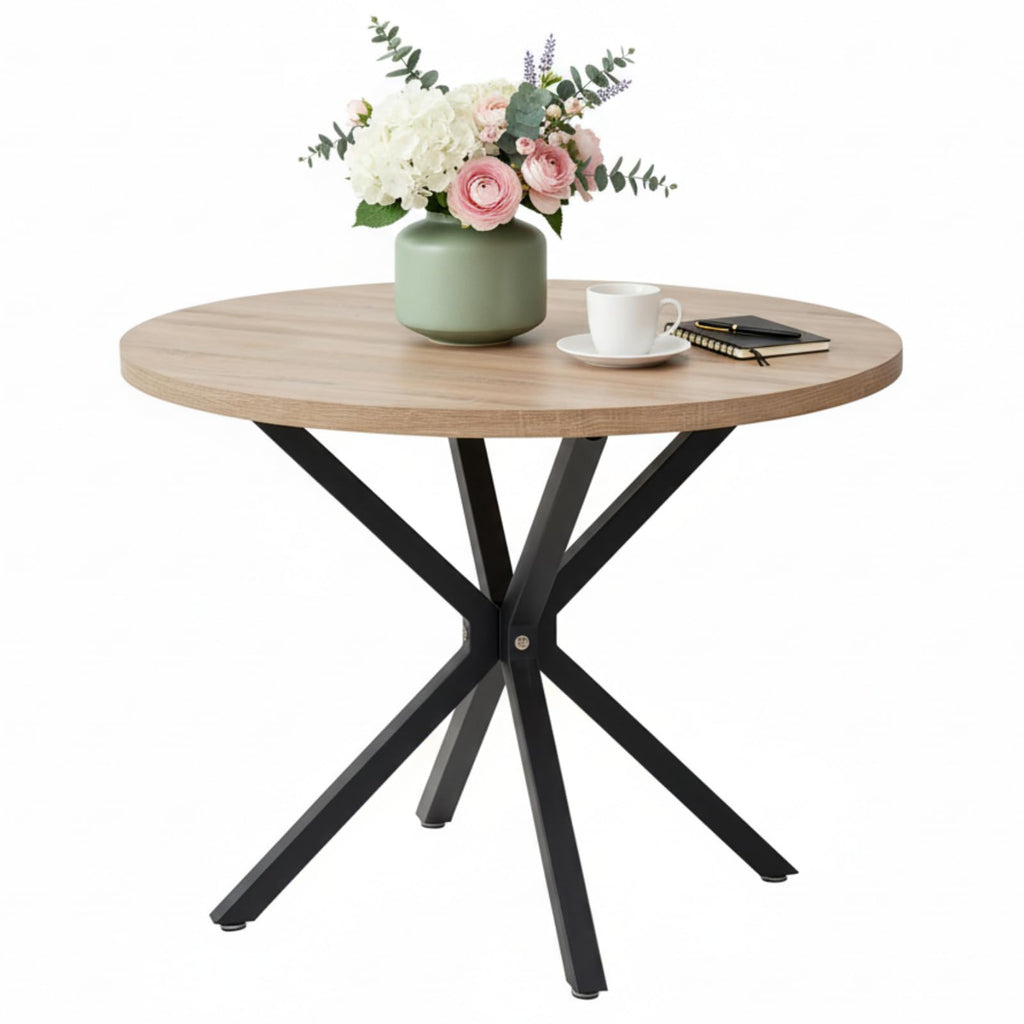 GrandCA HOME 100 cm Round Dining Table, Large Dining Table, Suitable for 4-6 People, MDF Board/Metal Iron Legs, Suitable for Kitchen, Dining Room, Cafe, Living Room (Light Wood Grain)