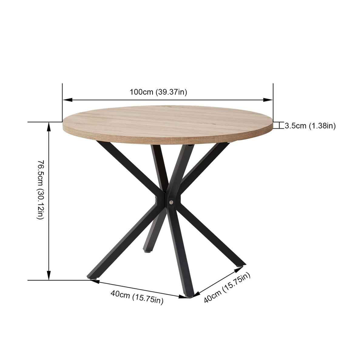 GrandCA HOME 100 cm Round Dining Table, Large Dining Table, Suitable for 4-6 People, MDF Board/Metal Iron Legs, Suitable for Kitchen, Dining Room, Cafe, Living Room (Light Wood Grain)