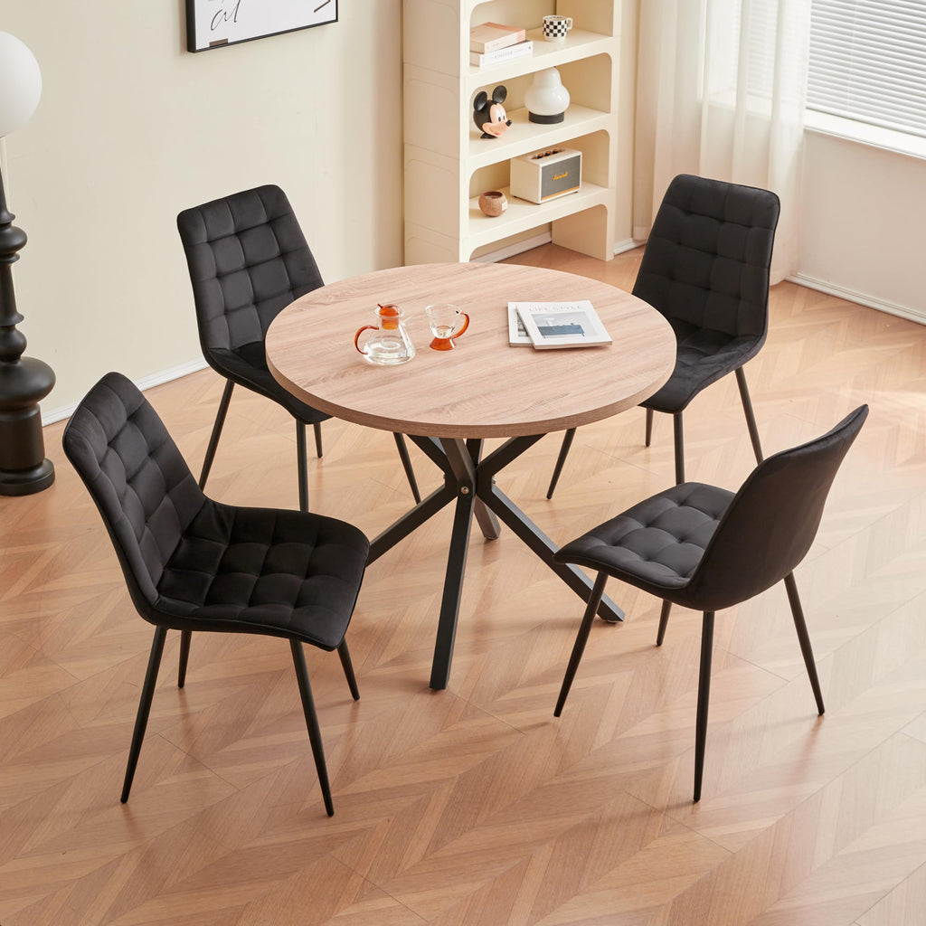 GrandCA HOME 100 cm Round Dining Table, Large Dining Table, Suitable for 4-6 People, MDF Board/Metal Iron Legs, Suitable for Kitchen, Dining Room, Cafe, Living Room (Light Wood Grain)