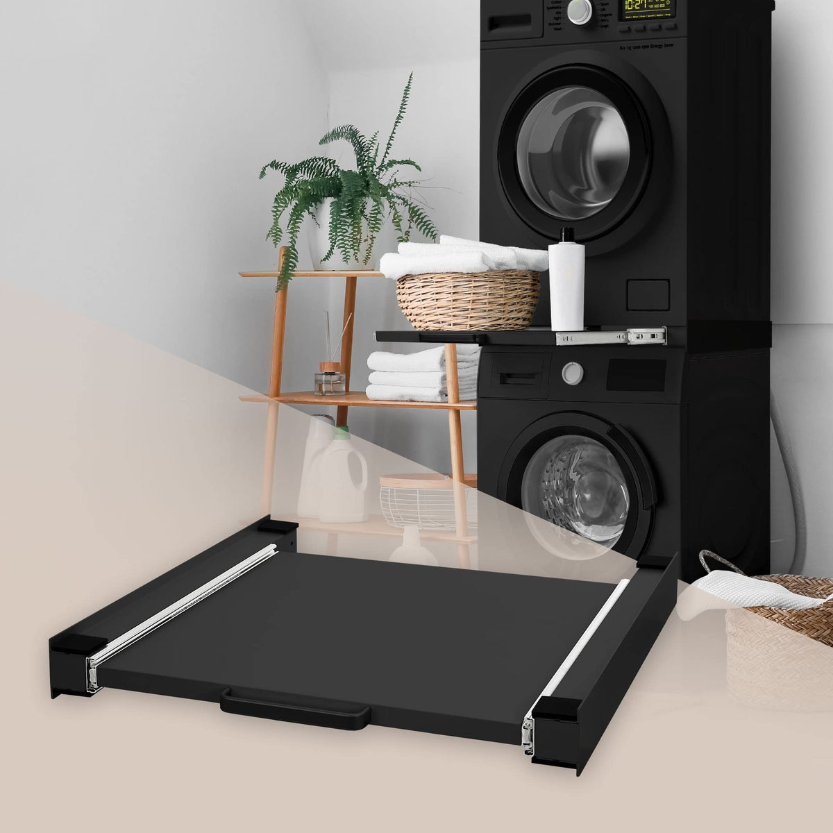 ML-Design Stacking Kit with Pull-Out Shelf, 60×60 cm, Black, Universal Steel Stacking Frame for Washing Machine & Tumble Dryer,Space-Saving Connector Kit with Slide-Out Laundry Basket Shelf
