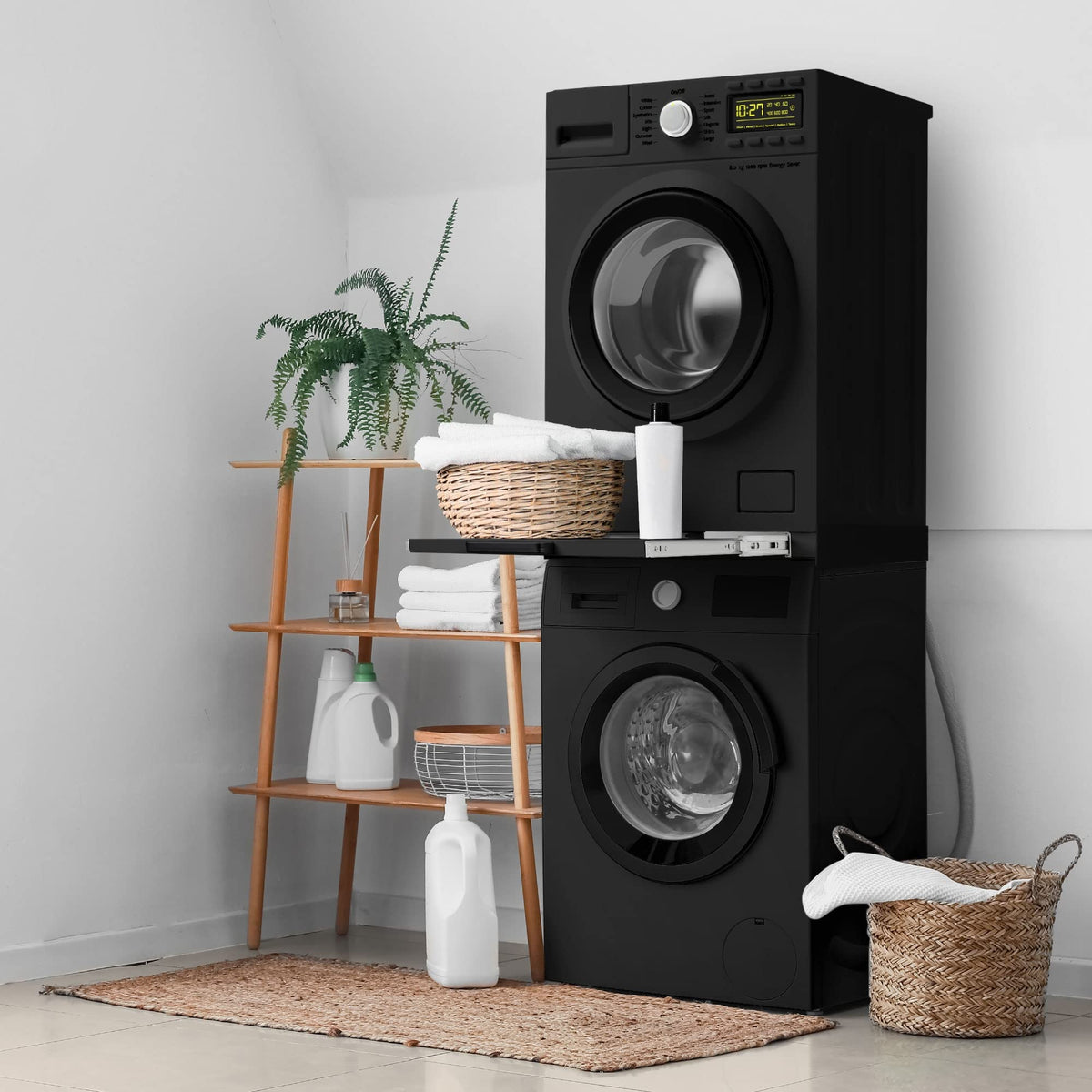 ML-Design Stacking Kit with Pull-Out Shelf, 60×60 cm, Black, Universal Steel Stacking Frame for Washing Machine & Tumble Dryer,Space-Saving Connector Kit with Slide-Out Laundry Basket Shelf