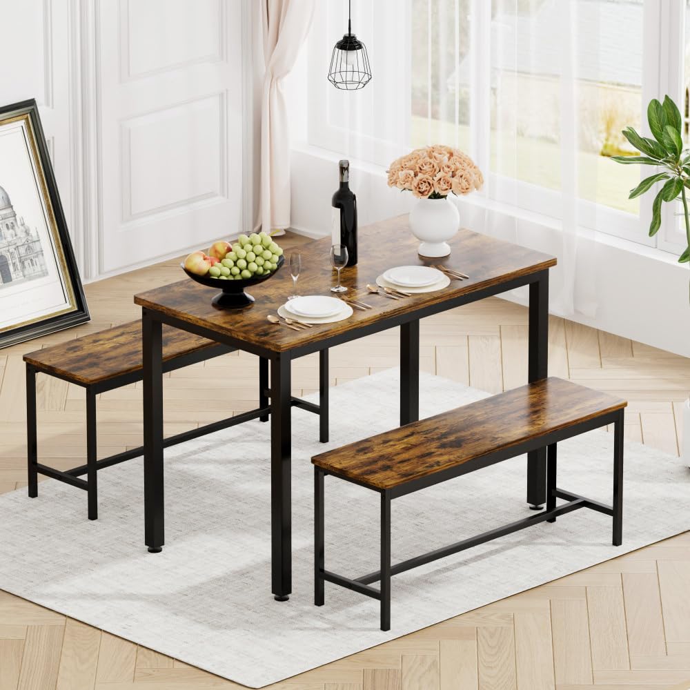 Brandless Dining Table Set with Benches Bar Table Kitchen Table Industrial Breakfast Table for Kitchen Living Room Party Room with Storage Space and Stable Construction (Black + Rust Brown)