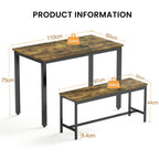 Brandless Dining Table Set with Benches Bar Table Kitchen Table Industrial Breakfast Table for Kitchen Living Room Party Room with Storage Space and Stable Construction (Black + Rust Brown)