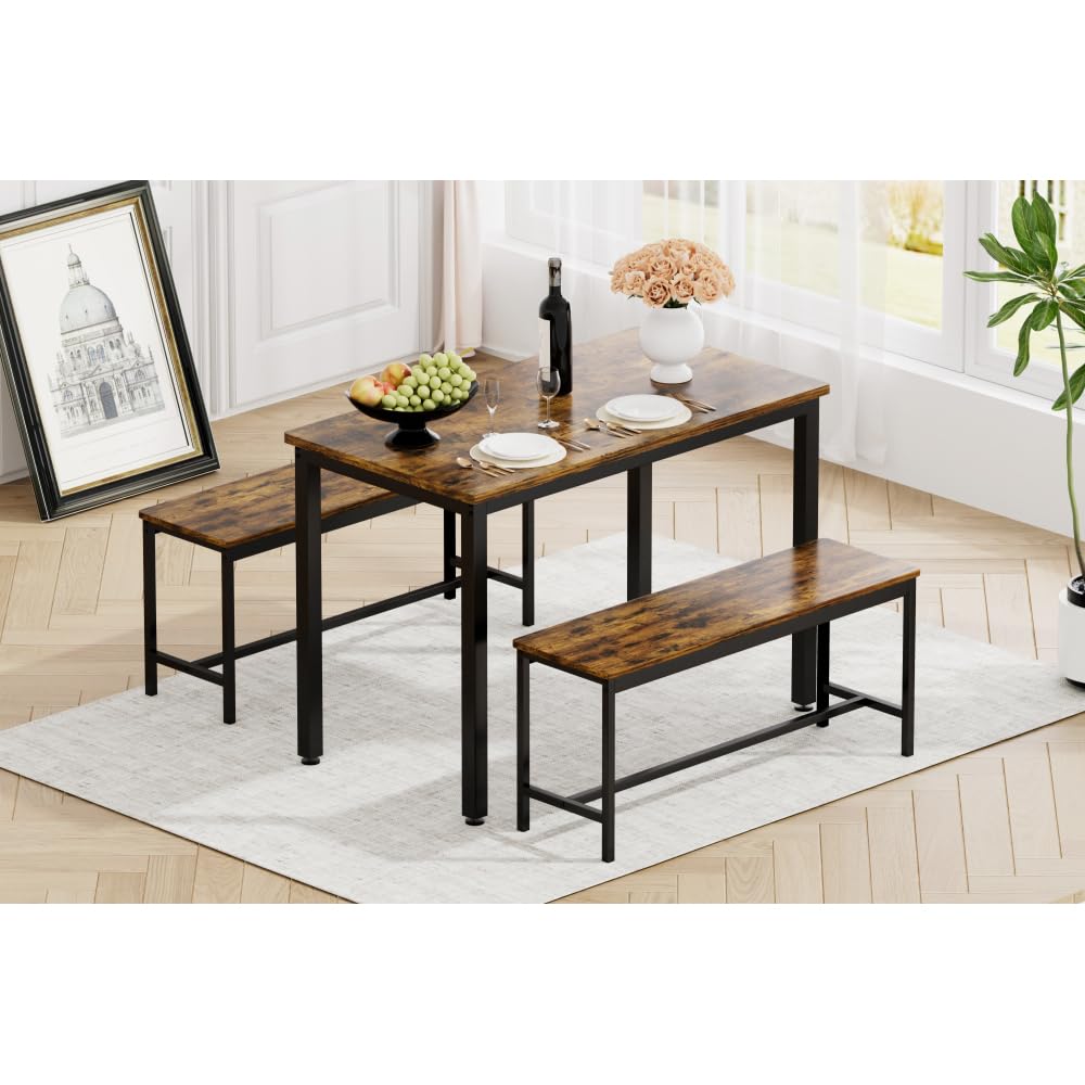 Brandless Dining Table Set with Benches Bar Table Kitchen Table Industrial Breakfast Table for Kitchen Living Room Party Room with Storage Space and Stable Construction (Black + Rust Brown)