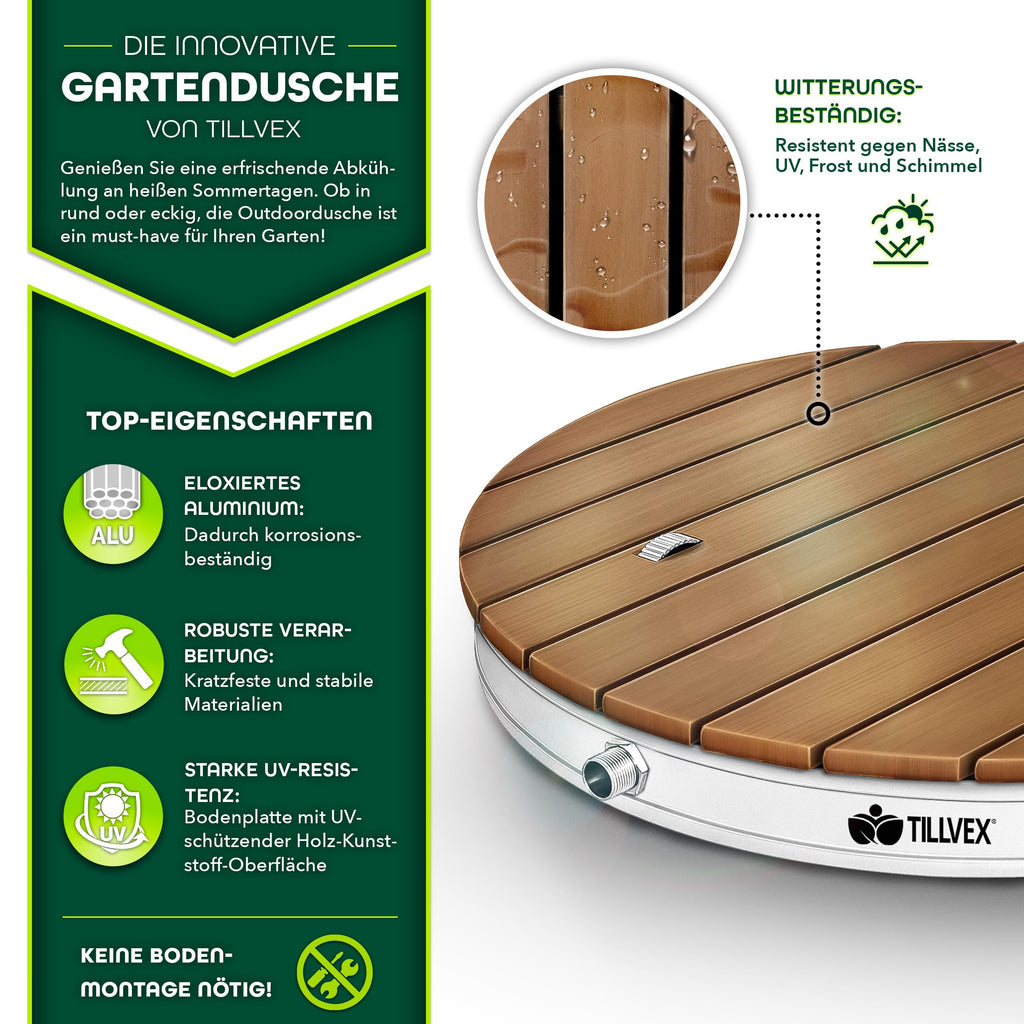 tillvex® Outdoor Garden Shower Up to 4 m Fountain Height | Floor Shower with Standing Wheel | Non-Slip Outdoor Shower | Sauna Shower, Camping Weather Resistant