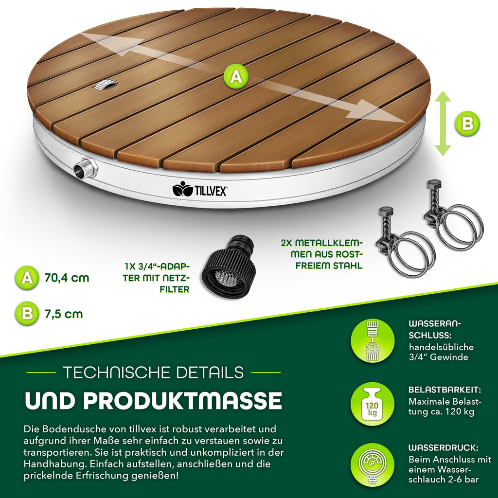 tillvex® Outdoor Garden Shower Up to 4 m Fountain Height | Floor Shower with Standing Wheel | Non-Slip Outdoor Shower | Sauna Shower, Camping Weather Resistant