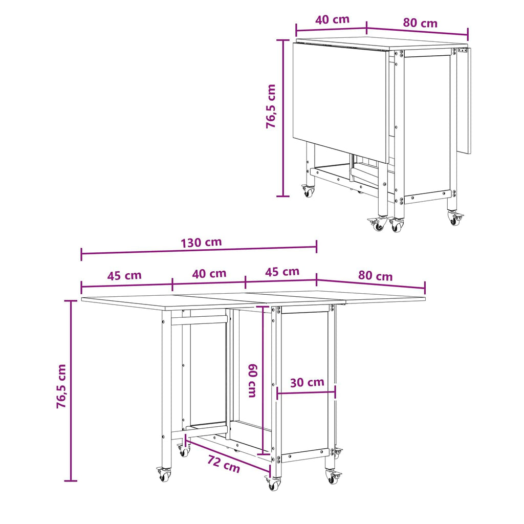 vidaXL Folding Dining Table with Wheels 130 x 80 x 76.5 cm