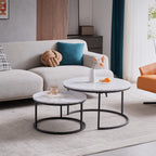 Symylife Round Nesting Coffee Table, Set of 2 Coffee Table with Faux Marble Top, Side Tables with Metal Frame for Living Room, Office, Apartment