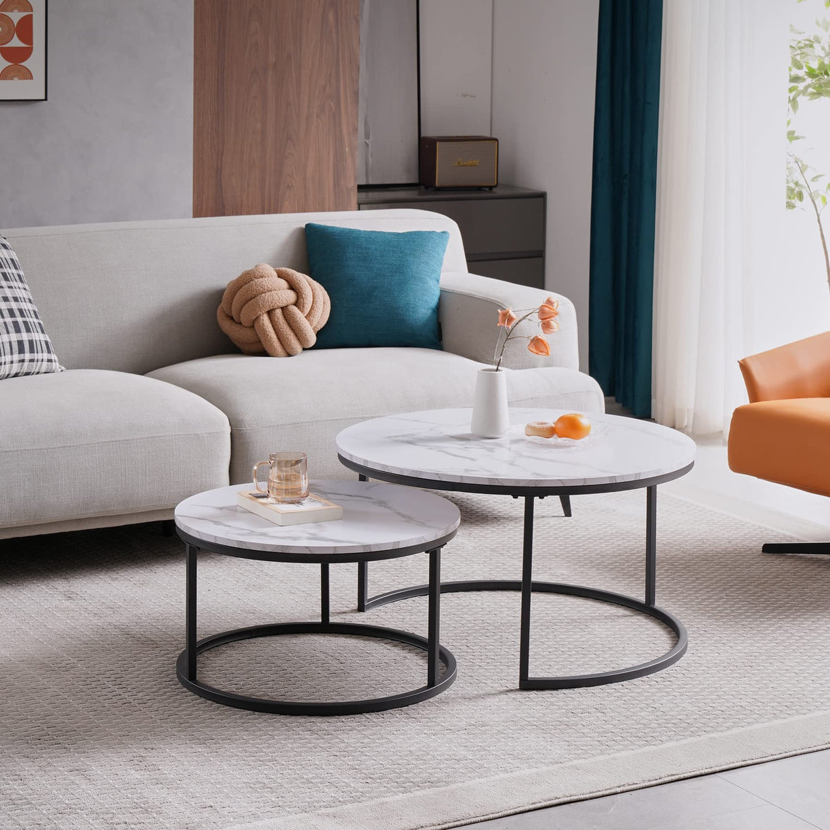 Symylife Round Nesting Coffee Table, Set of 2 Coffee Table with Faux Marble Top, Side Tables with Metal Frame for Living Room, Office, Apartment