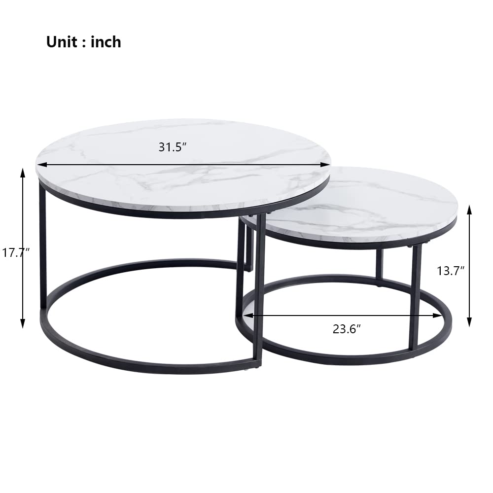 Symylife Round Nesting Coffee Table, Set of 2 Coffee Table with Faux Marble Top, Side Tables with Metal Frame for Living Room, Office, Apartment