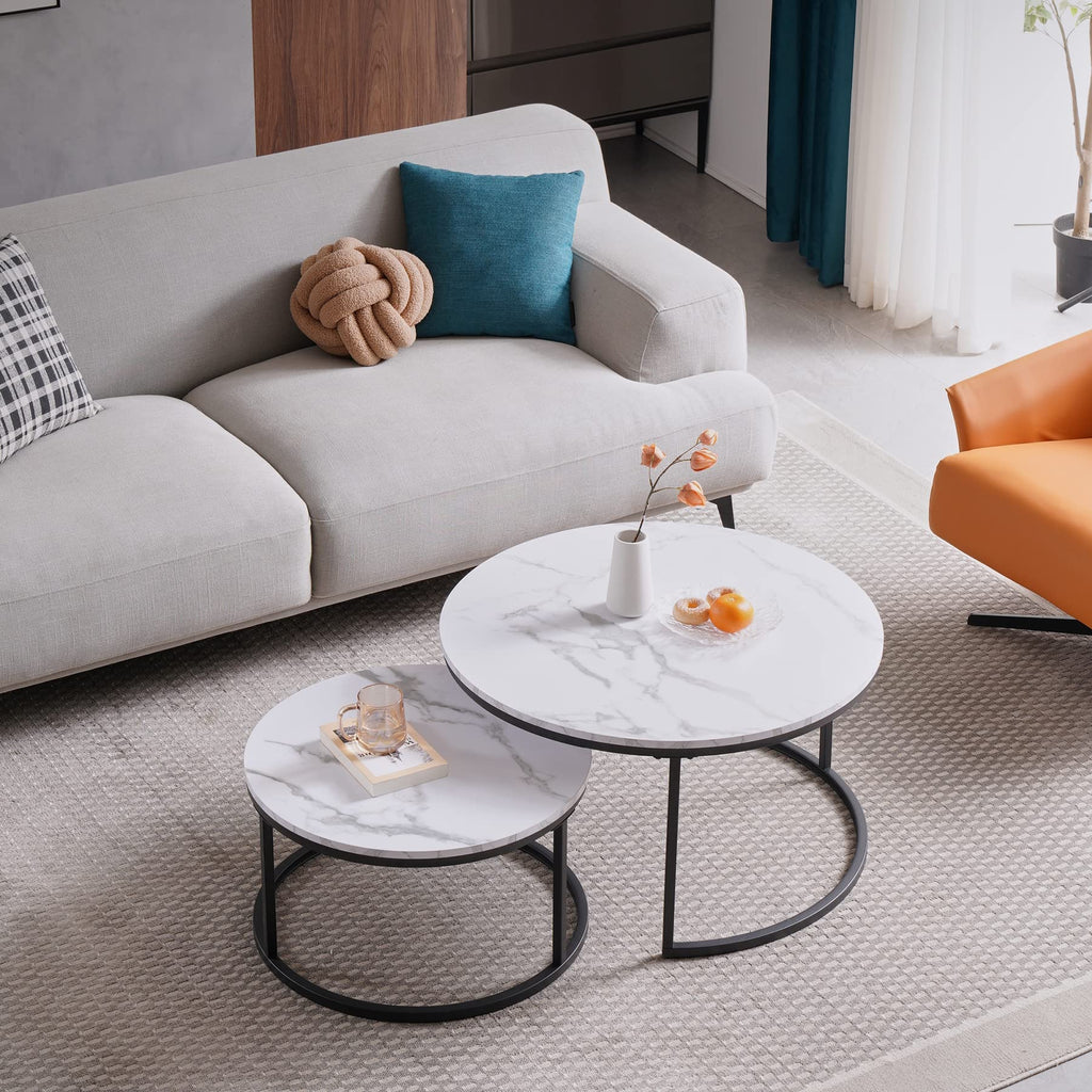 Symylife Round Nesting Coffee Table, Set of 2 Coffee Table with Faux Marble Top, Side Tables with Metal Frame for Living Room, Office, Apartment