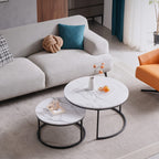 Symylife Round Nesting Coffee Table, Set of 2 Coffee Table with Faux Marble Top, Side Tables with Metal Frame for Living Room, Office, Apartment