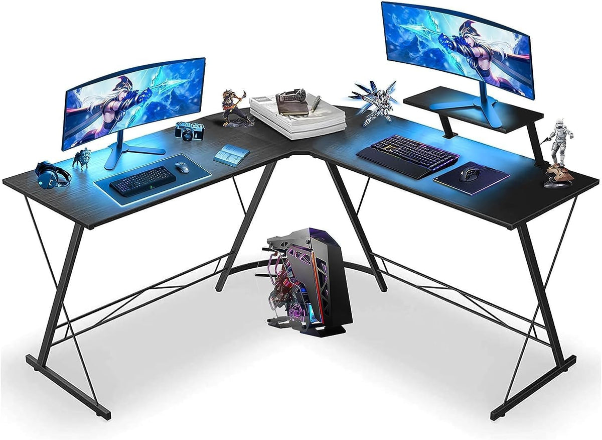 SKY-TOUCH L-Shaped Computer Desk｜Gaming Desk ｜PC Workstation｜Home Office Desk｜Corner Desk Study Desk with Removable Monitor Stand for Home Office Study Writing Workstation,129 * 46 * 71cm,Black