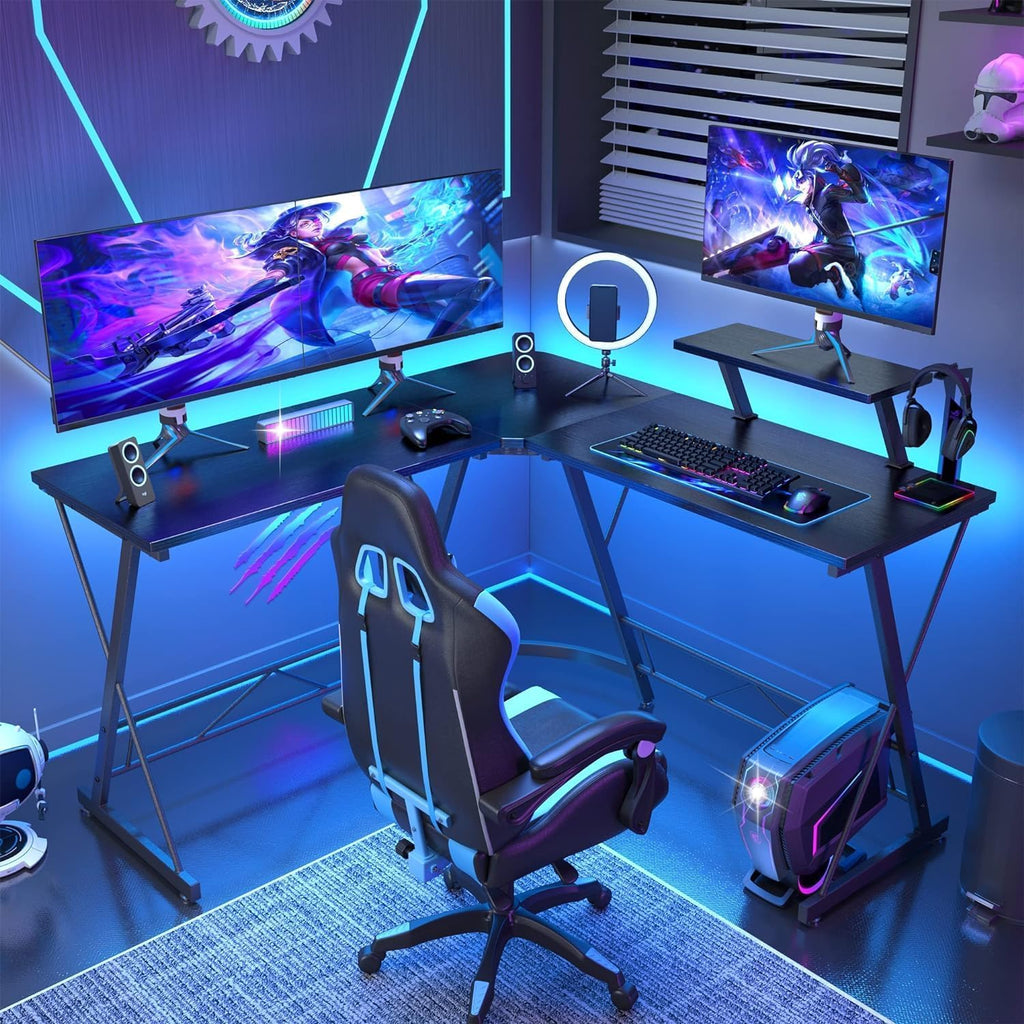 SKY-TOUCH L-Shaped Computer Desk｜Gaming Desk ｜PC Workstation｜Home Office Desk｜Corner Desk Study Desk with Removable Monitor Stand for Home Office Study Writing Workstation,129 * 46 * 71cm,Black