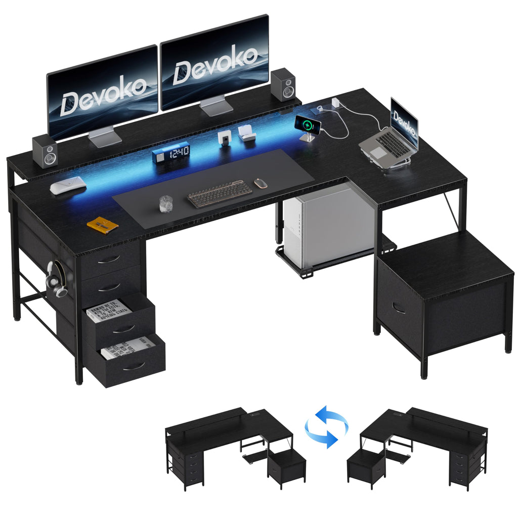 Devoko L Shaped Computer Desk with Cabinet, Reversible Corner Desk with Power Outlet and USB Ports, LED Lights and Hooks, Ideal Gaming Desk for Home Office, 160 x 120 cm, Black