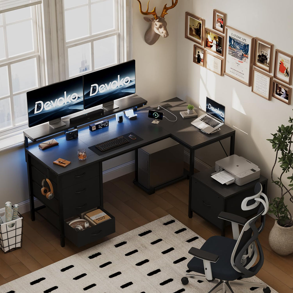 Devoko L Shaped Computer Desk with Cabinet, Reversible Corner Desk with Power Outlet and USB Ports, LED Lights and Hooks, Ideal Gaming Desk for Home Office, 160 x 120 cm, Black
