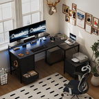 Devoko L Shaped Computer Desk with Cabinet, Reversible Corner Desk with Power Outlet and USB Ports, LED Lights and Hooks, Ideal Gaming Desk for Home Office, 160 x 120 cm, Black