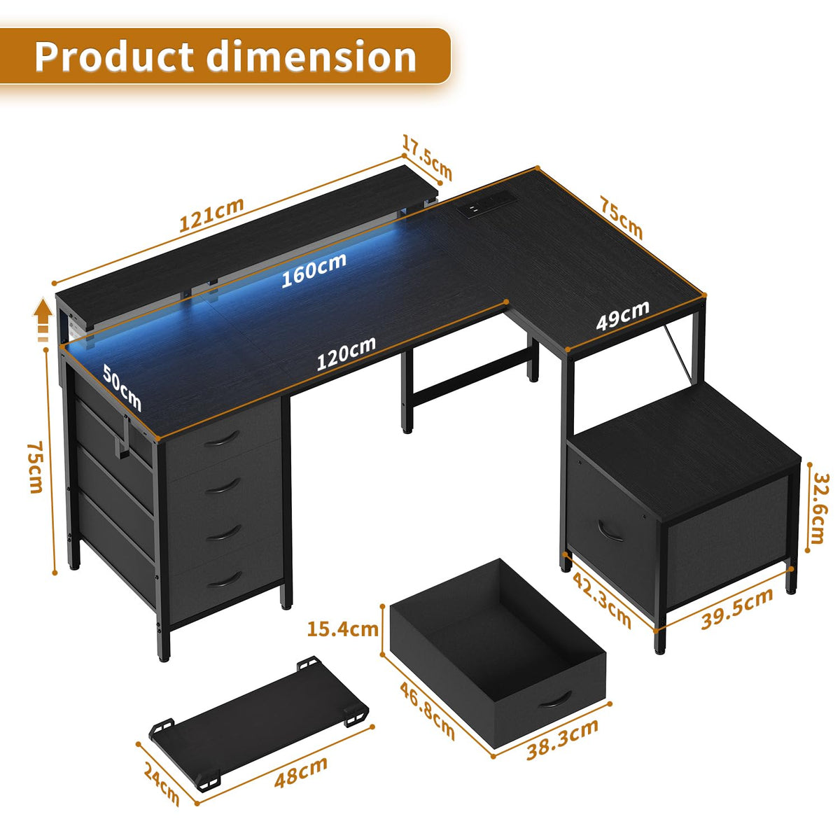 Devoko L Shaped Computer Desk with Cabinet, Reversible Corner Desk with Power Outlet and USB Ports, LED Lights and Hooks, Ideal Gaming Desk for Home Office, 160 x 120 cm, Black