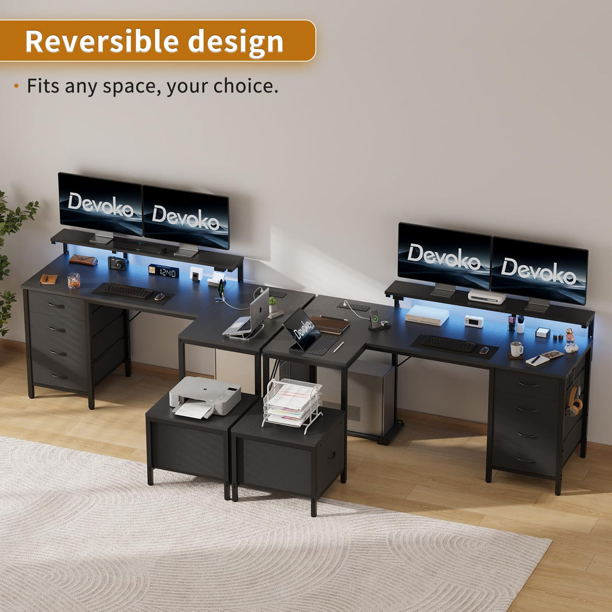 Devoko L Shaped Computer Desk with Cabinet, Reversible Corner Desk with Power Outlet and USB Ports, LED Lights and Hooks, Ideal Gaming Desk for Home Office, 160 x 120 cm, Black