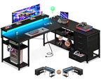 AODK 53" L Shaped Desk with Drawer, Computer Desk with Power Outlets & LED Lights, Reversible Corner Gaming Desk for Home Office Workstation, Office Desk with Monitor Shelf, Pure Black