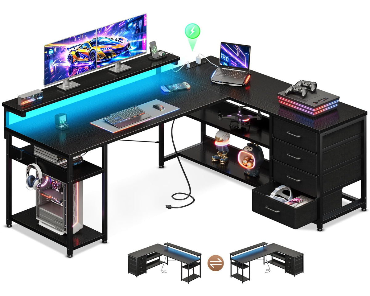 AODK 53" L Shaped Desk with Drawer, Computer Desk with Power Outlets & LED Lights, Reversible Corner Gaming Desk for Home Office Workstation, Office Desk with Monitor Shelf, Pure Black