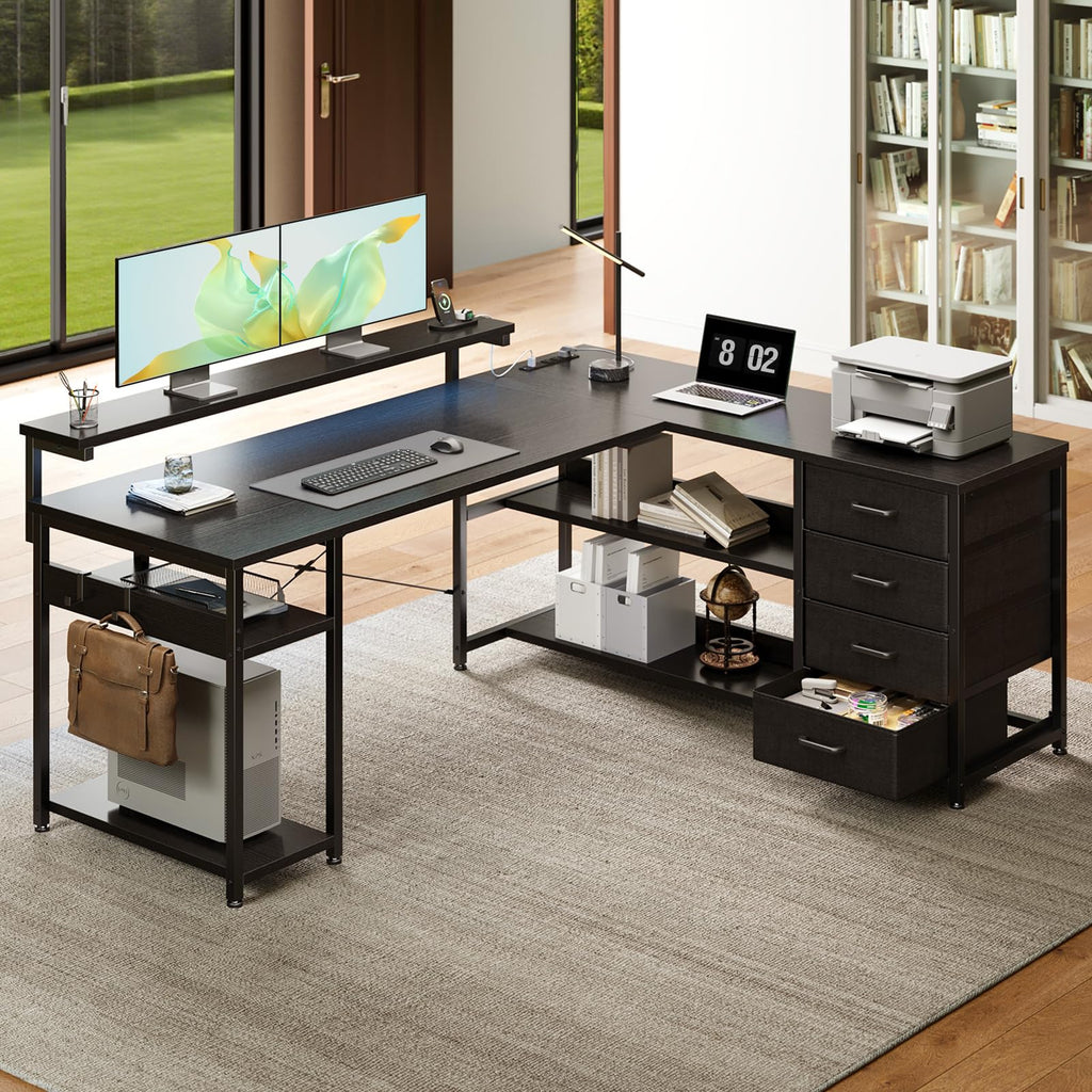 AODK 53" L Shaped Desk with Drawer, Computer Desk with Power Outlets & LED Lights, Reversible Corner Gaming Desk for Home Office Workstation, Office Desk with Monitor Shelf, Pure Black
