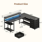 AODK 53" L Shaped Desk with Drawer, Computer Desk with Power Outlets & LED Lights, Reversible Corner Gaming Desk for Home Office Workstation, Office Desk with Monitor Shelf, Pure Black