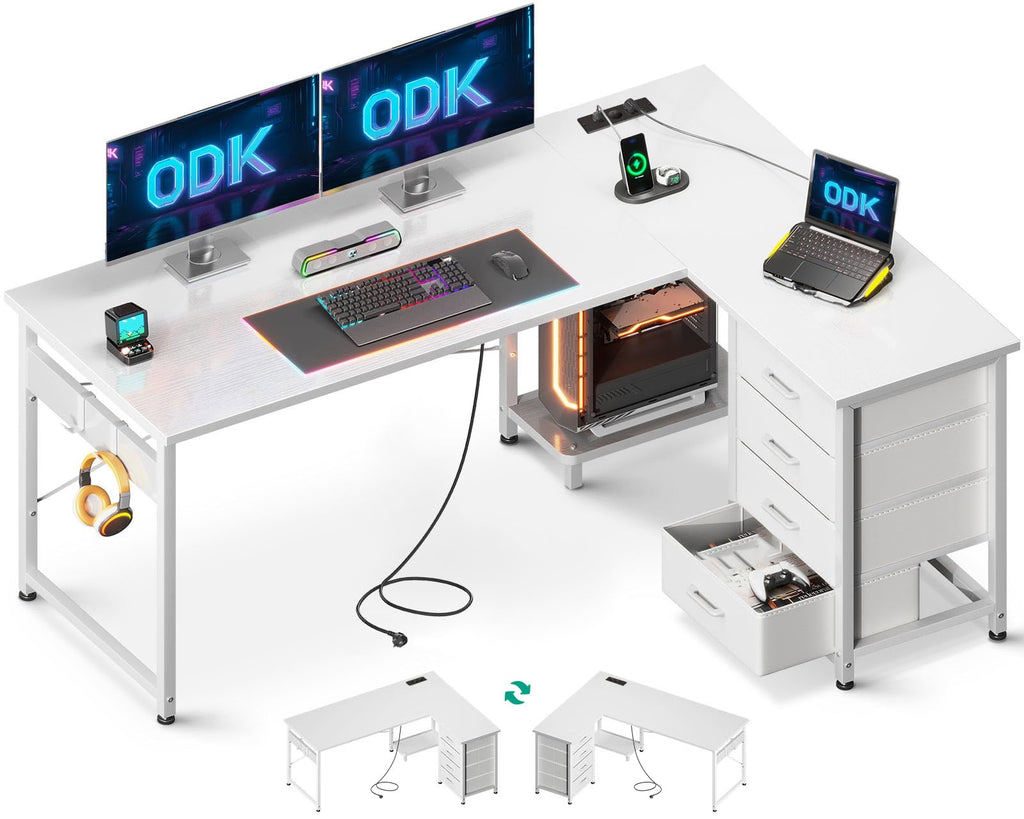 ODK Corner Desk with 4 Fabric Drawers, 135 x 100 cm, White