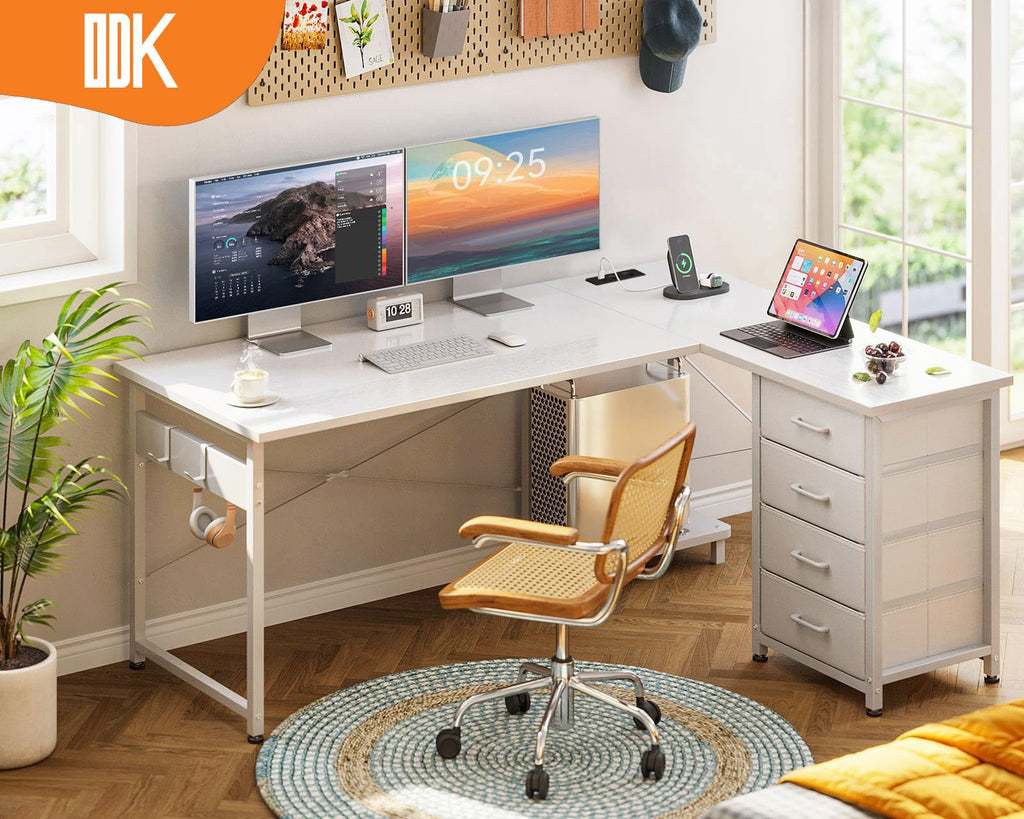 ODK Corner Desk with 4 Fabric Drawers, 135 x 100 cm, White