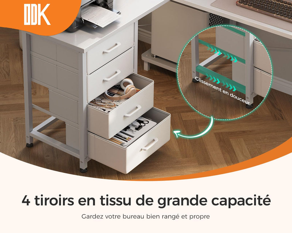 ODK Corner Desk with 4 Fabric Drawers, 135 x 100 cm, White