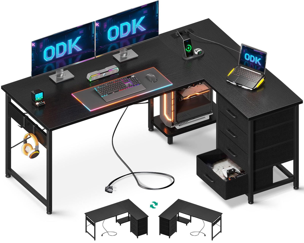 ODK Corner Desk with 4 Fabric Drawers, 135 x 100 cm, Black
