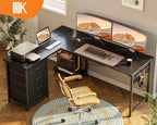 ODK Corner Desk with 4 Fabric Drawers, 135 x 100 cm, Black