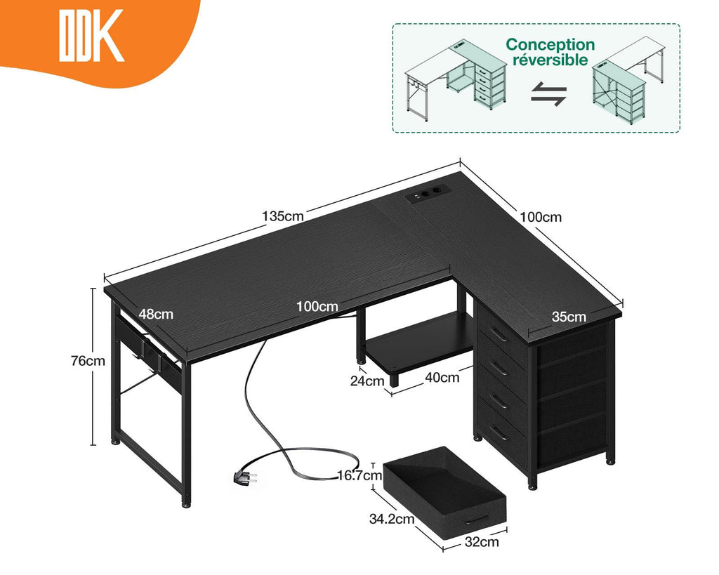 ODK Corner Desk with 4 Fabric Drawers, 135 x 100 cm, Black