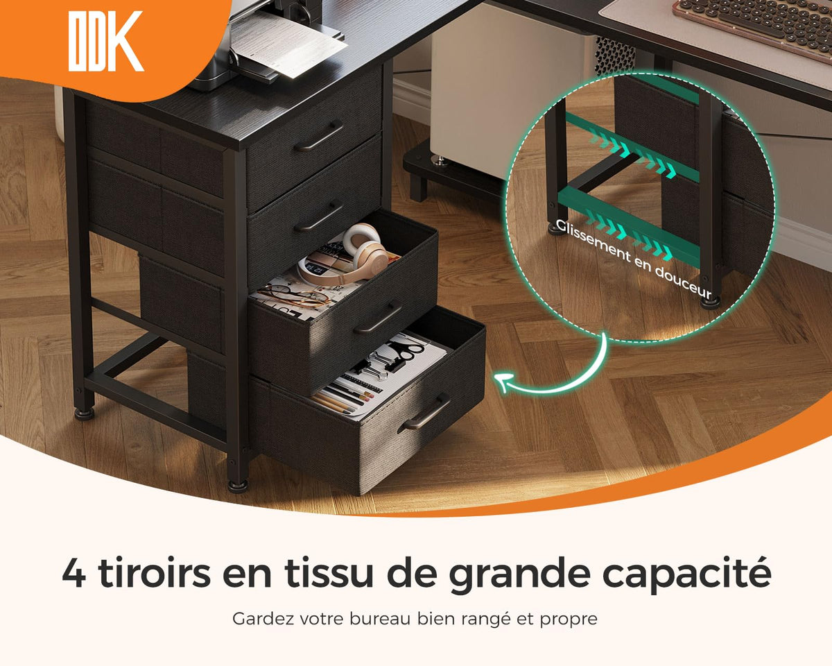 ODK Corner Desk with 4 Fabric Drawers, 135 x 100 cm, Black