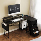 Levede L Shaped Gaming Desk, Built-in Power Outlets & USB Ports, Computer Desk with Storage Drawers & Side Bag for Home Office & Gaming PC Setup, Black