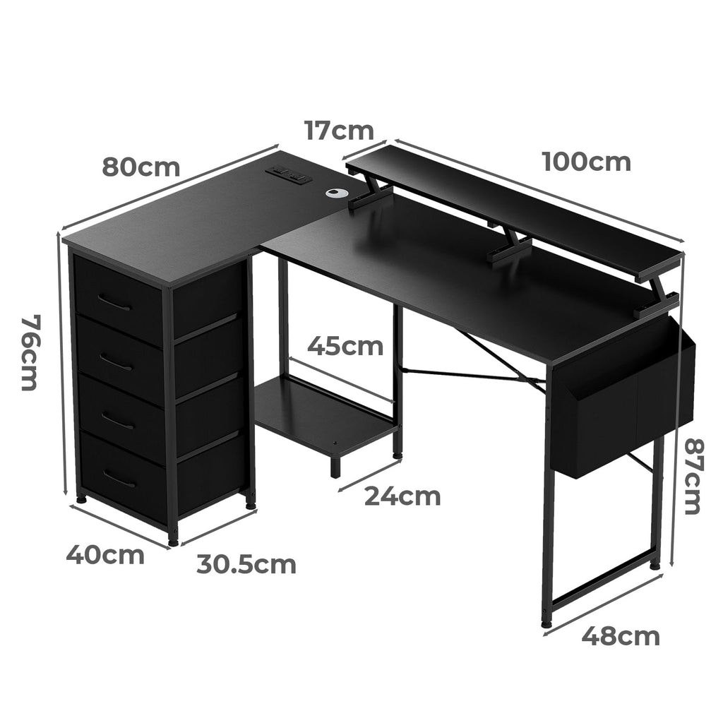 Levede L Shaped Gaming Desk, Built-in Power Outlets & USB Ports, Computer Desk with Storage Drawers & Side Bag for Home Office & Gaming PC Setup, Black