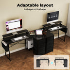 Levede L Shaped Gaming Desk, Built-in Power Outlets & USB Ports, Computer Desk with Storage Drawers & Side Bag for Home Office & Gaming PC Setup, Black